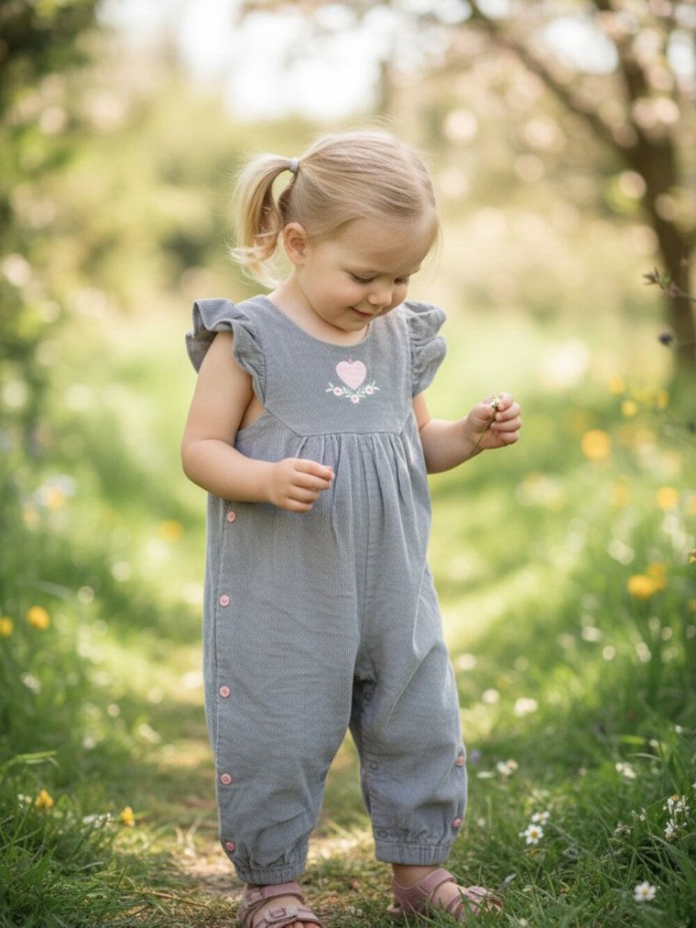 Vintage Gray Corduroy Baby Romper Pink Heart Embroidery Cottagecore 24M Girls - Picture 1 of 6